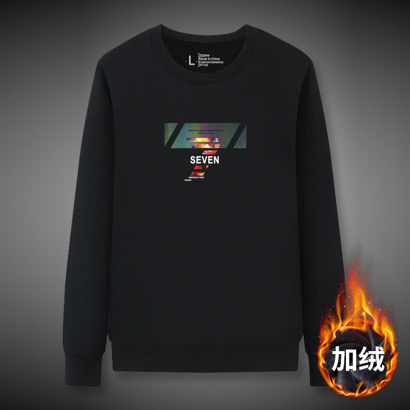 ZGHW卫衣男修身秋冬加绒加厚字母印花圆领休闲中青年黑色保暖上衣