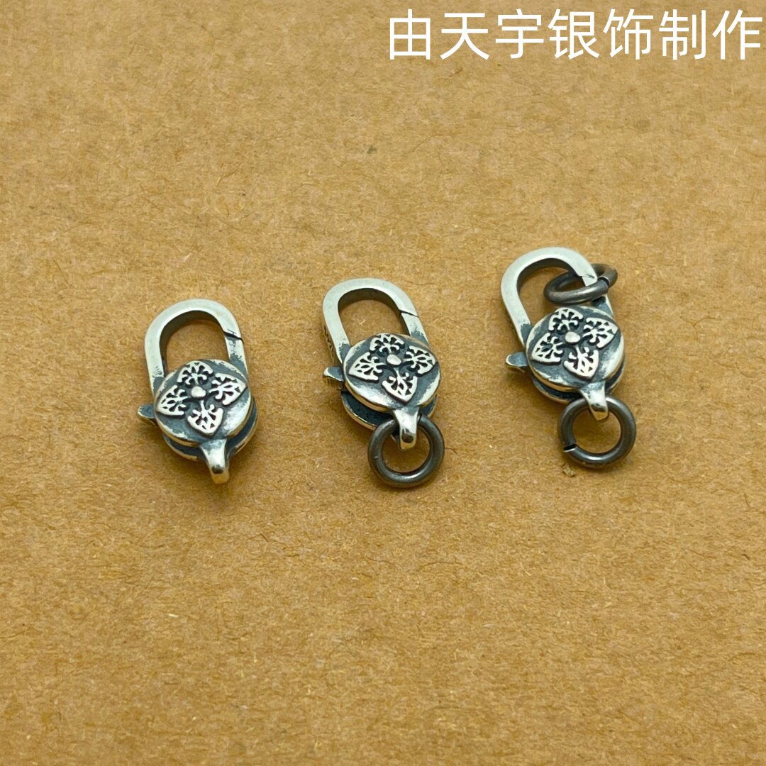 S925纯银复古泰银龙虾扣四叶草弹簧扣DIY手链项链收尾连接扣配件