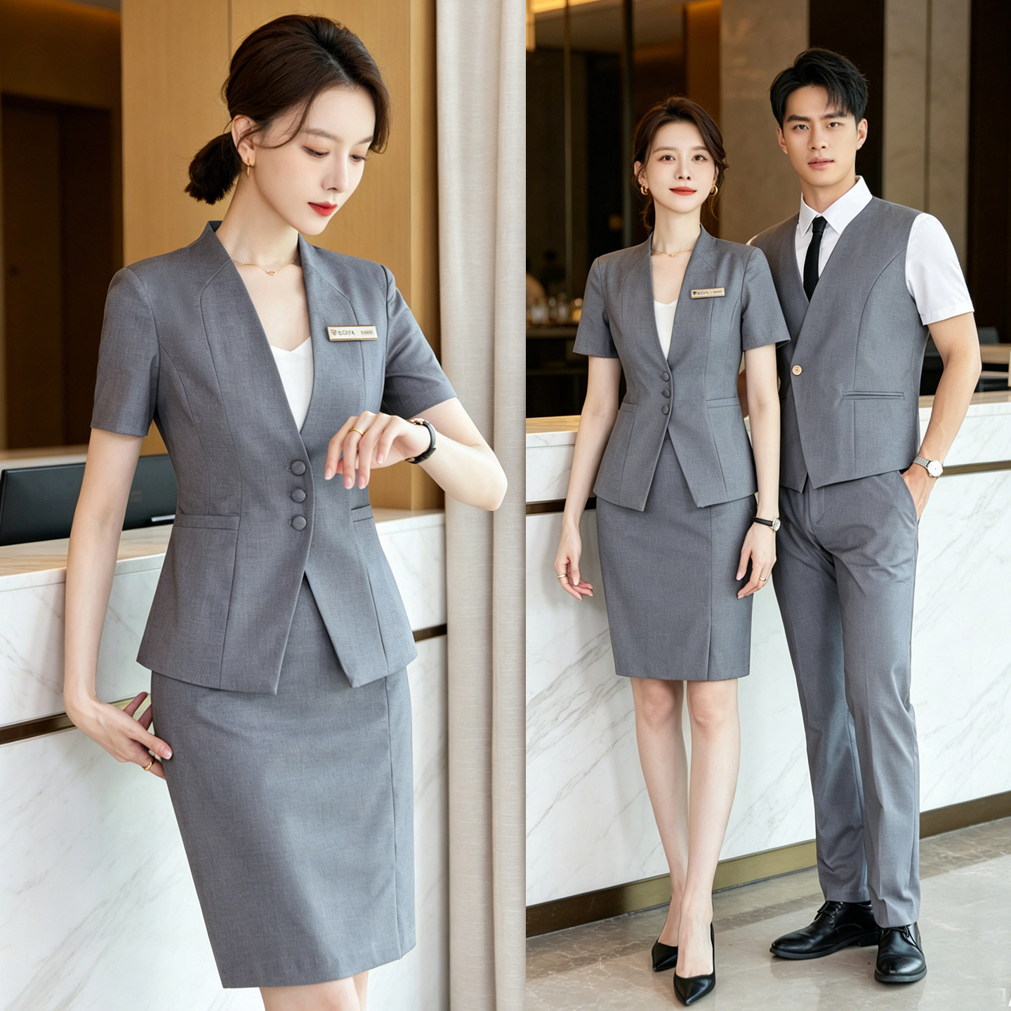 酒店工作服职业装女短袖西装套装夏季售楼部工装中式餐厅员工套装