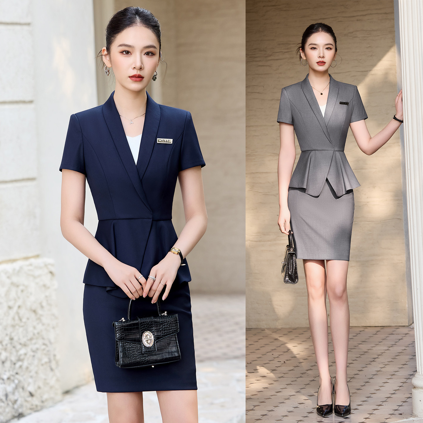 优媚雅短袖西装套装女职业装通勤气质收腰工作服套装气质外贸定制