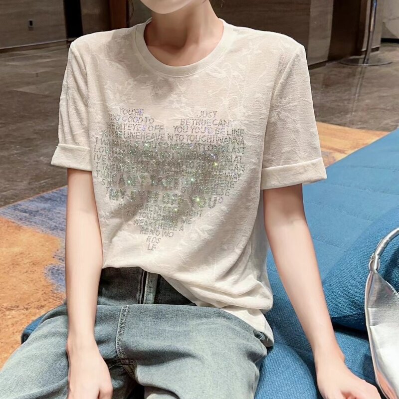 韩版白色短袖T恤女2024夏季时尚洋气宽松百搭显瘦重工烫钻上衣潮