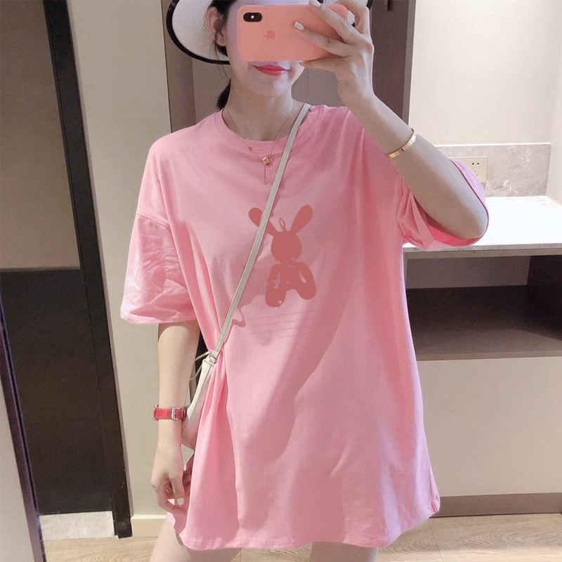 韩国新款夏季粉色中长款短袖t恤女欧货设计感小众显瘦上衣纯棉ins