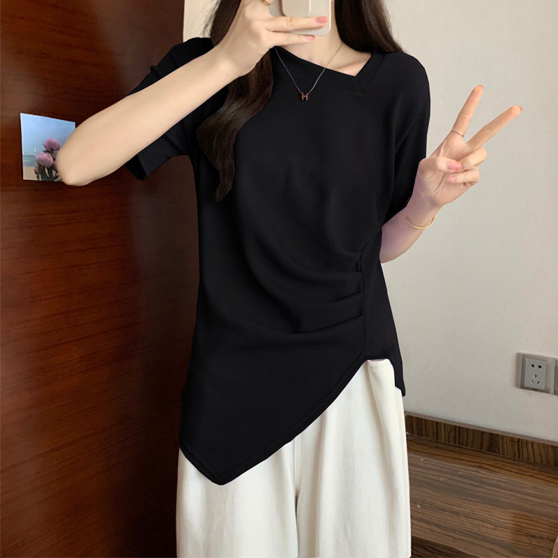 韩国夏季法式设计感不规则正肩短袖T恤女胖mm遮肉大码显瘦上衣潮