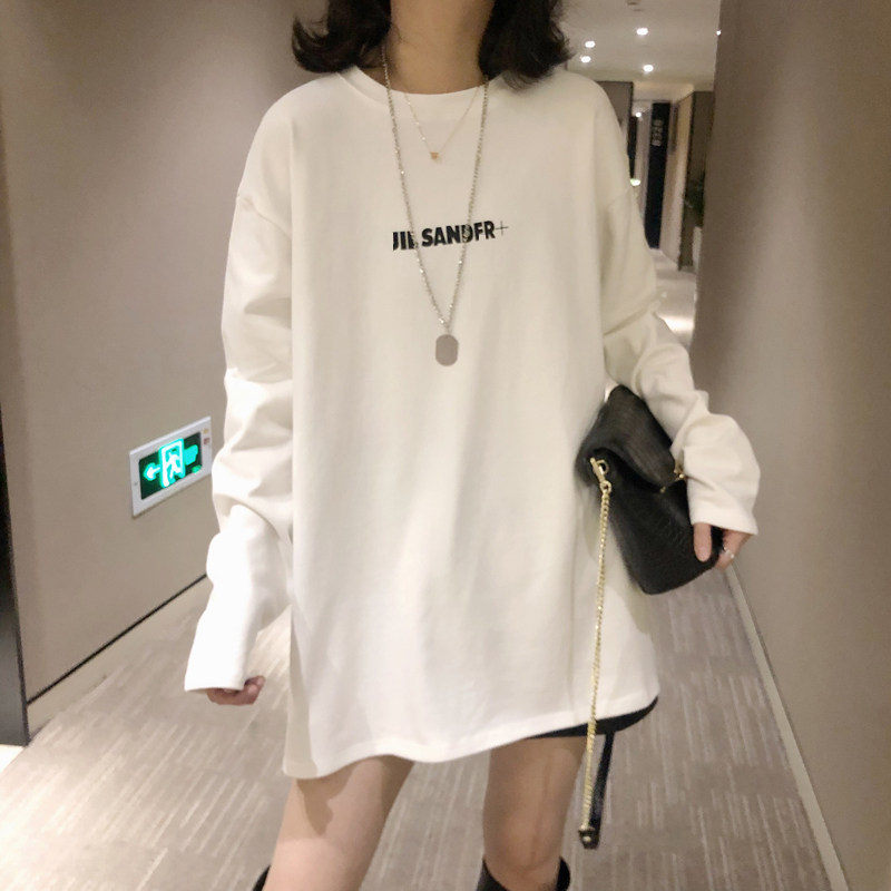 韩版T恤女2026春秋冬新宽松中长版字母印花白色长袖内搭衣潮加绒