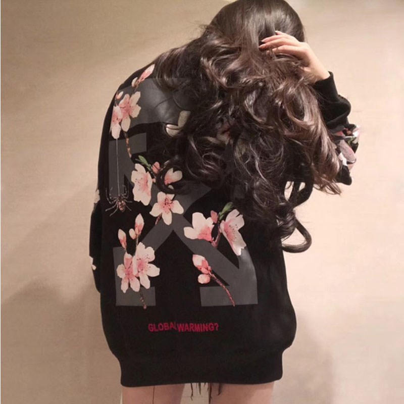 2018秋冬潮牌粉色樱花花卉卫衣男女装纯棉宽松大码长袖情侣装潮