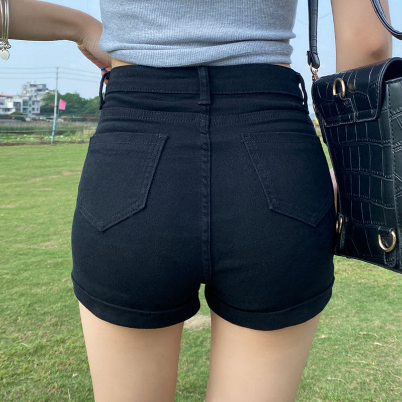 韩国超短裤女2025夏薄款紧身弹力黑色高腰包臀辣妹翻边牛仔裤热裤