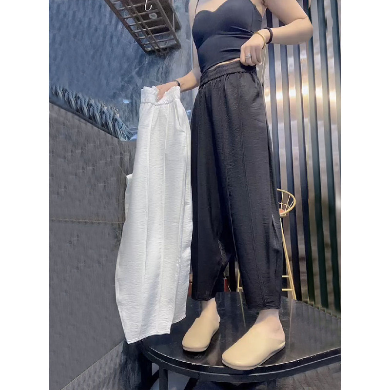 韩版大码女2024夏薄款高腰萝卜休闲裤胖mm宽松显瘦冰丝灯笼奶奶裤