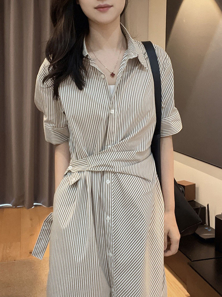 韩版系带短袖衬衫裙子女2024夏季新款翻领条纹收腰气质长裙连衣裙