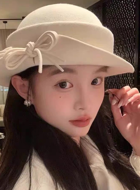清冷感小说女主羊毛蝴蝶结翻檐卷边礼帽女秋冬季古早名媛渔夫帽子