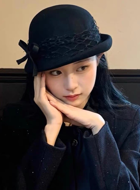 黑色蝴蝶结羊毛呢礼帽女秋冬法式复古气质渔夫帽优雅富家千金帽子