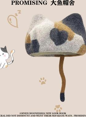 设计师款秋冬羊毛呢猫耳朵贝雷帽甜美可爱保暖百搭拍照蓓蕾帽子潮