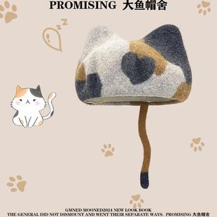 设计师款秋冬羊毛呢猫耳朵贝雷帽甜美可爱保暖百搭拍照蓓蕾帽子潮