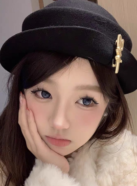 定制款！留洋千金郁金香胸针黑色羊毛礼帽子女秋冬赫本风渔夫帽潮
