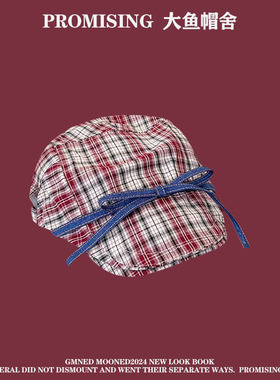 美式甜心2024新款格子前进帽绑带蝴蝶结个性鸭舌帽亚文化潮酷春夏