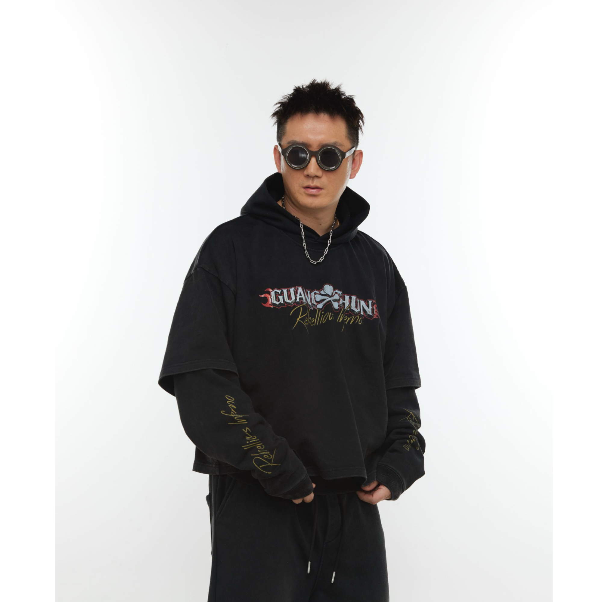 M26D x 广顺社团联名企划之”逆焰系列“假两件连帽卫衣