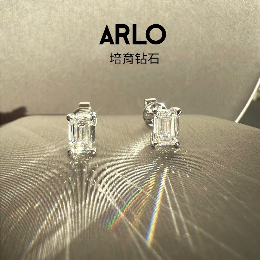 2卡拉培育钻石14K金D/VVS耳钉祖母绿切割女方糖设计简约百搭耳饰