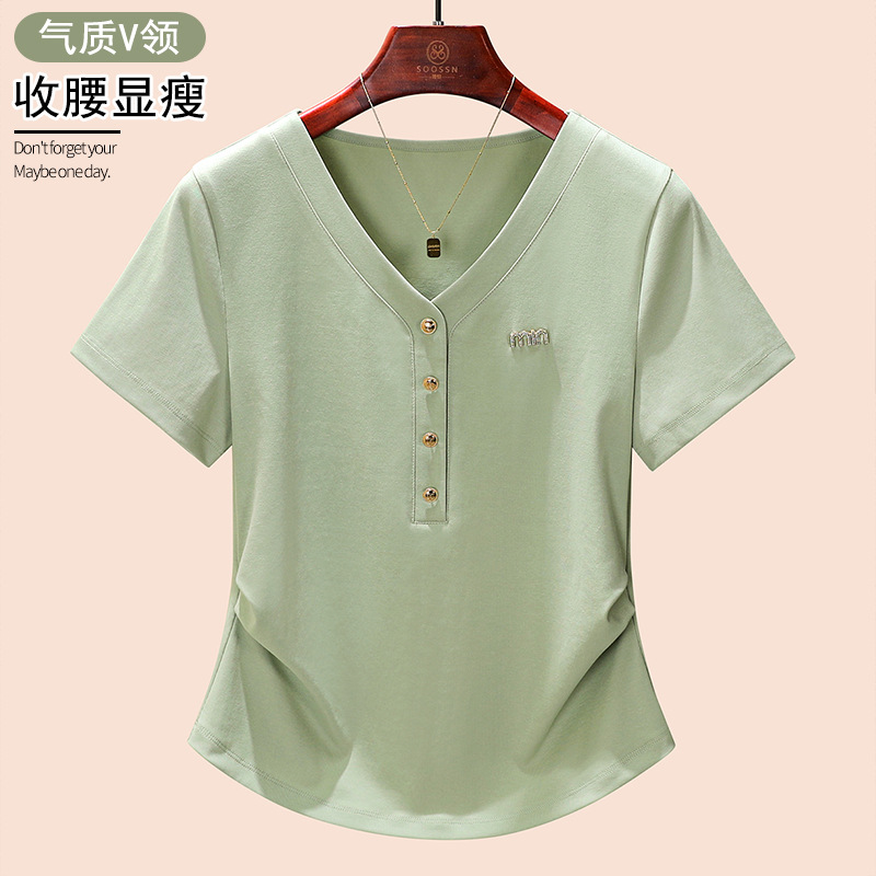 2025夏季新款正肩設計感收腰v領高棉短袖女t恤高端氣質(zhì)百搭體恤衫