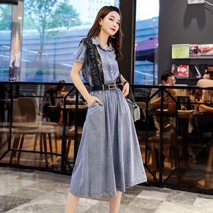 牛仔连衣裙时尚 蕾丝拼接女裙 潮流新品 韩版 中长款 品牌热卖 短袖