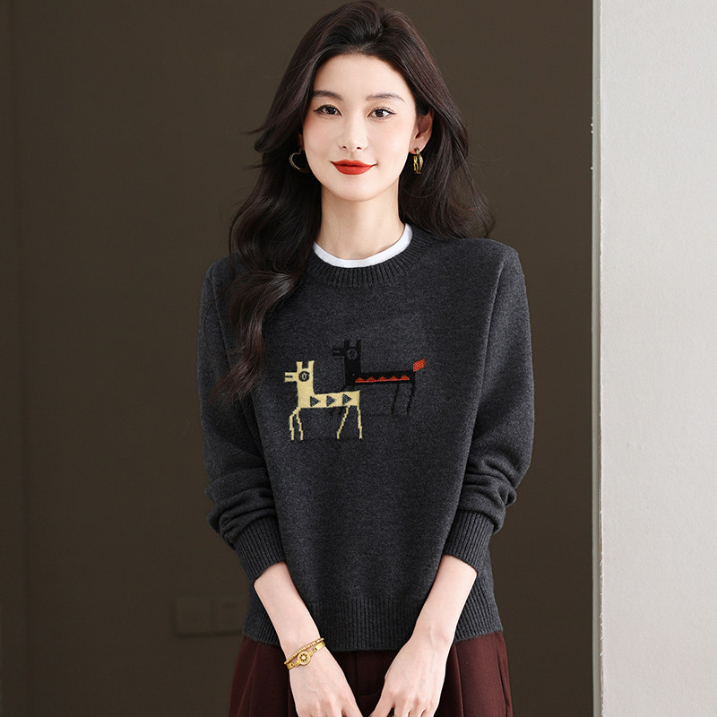 2025春季新款女装灰色毛衣女宽松圆领套头打底衫