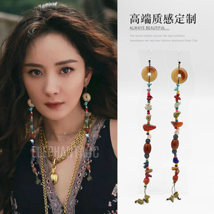 民族风美拉德混色串珠耳环长款 天然石藏族无耳洞耳夹废土风耳饰女