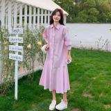 粉色时尚休闲显瘦气质衬衫裙新款宽松炸街polo领连衣裙女夏长款，女装连衣裙，浙宝183