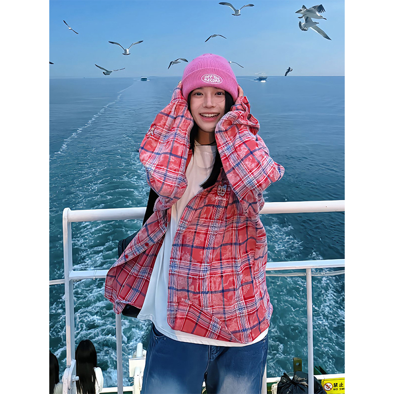 nicebad红色刺绣格子衬衫女秋季宽松慵懒风格纹衬衣美式复古外套