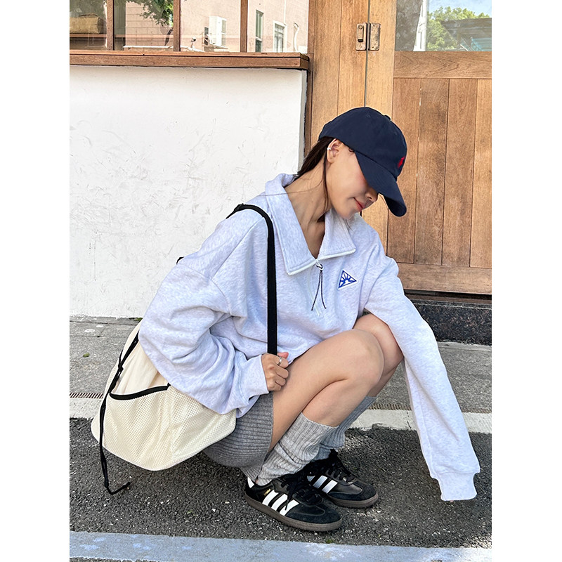 韩国潮牌休闲卫衣外套女翻领宽松慵懒风oversize灰色卫衣女春秋季