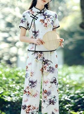 古风改良旗袍上衣阔腿裤子两件套夏季2026高级感女士印花中式套装