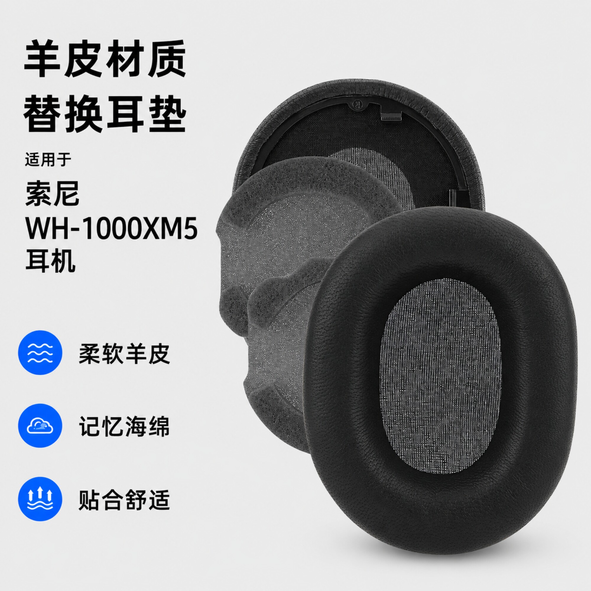 Geekria Elite极客悦耳适用于索尼WH-1000XM5耳机替换耳罩维修配件羊皮替换耳垫耳机棉耳罩套（黑色）