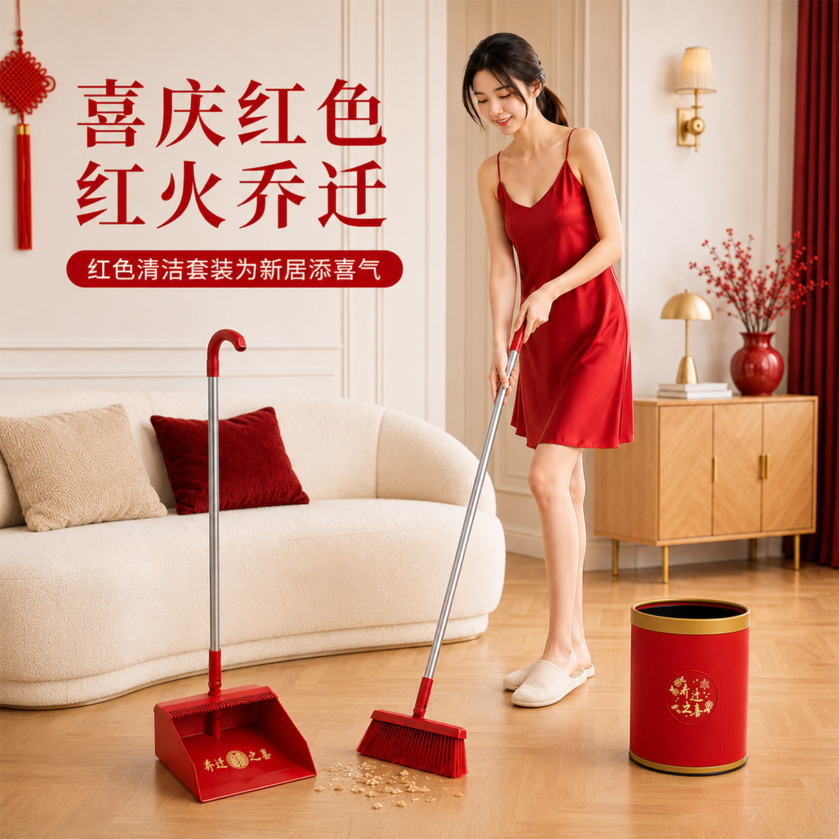 乔迁大红扫把簸箕垃圾桶套装图片