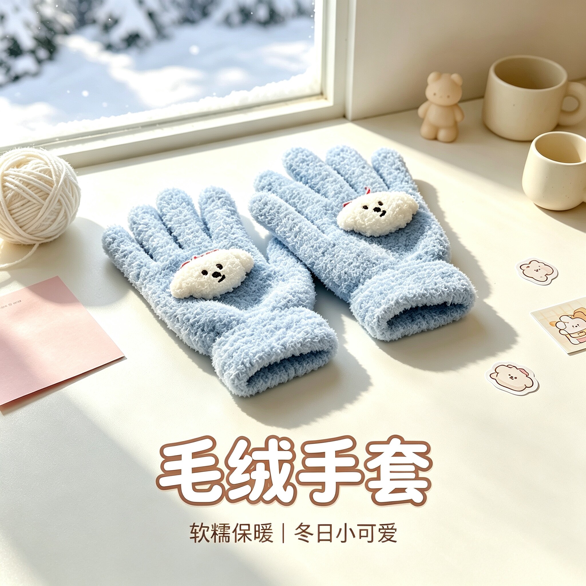 冬季珊瑚绒加绒保暖分指手套女