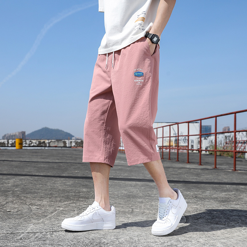 七分裤男士短裤夏季潮流男款粉色7分直筒裤男生夏天6六分中裤子