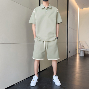 男士 t恤夏季 polo衫 短袖 潮 冰丝男装 一套搭配帅气休闲运动衣服套装