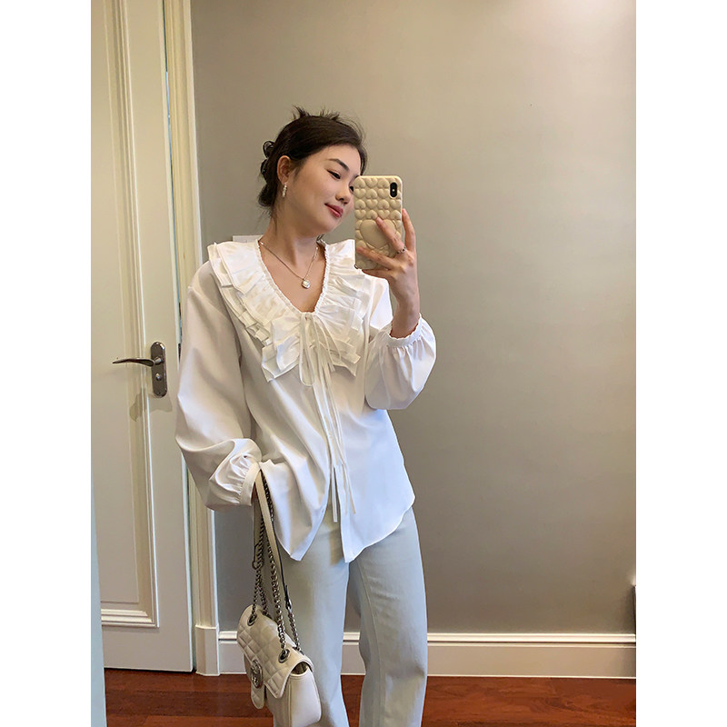 花总吖  春季新款法式浪漫V领荷叶宽松衬衫领口抽褶设计白色衬衫,女装/女士精品,衬衫,淘宝优惠券,粉丝福利购,淘宝优惠卷