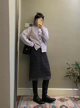 【现货款】花总吖  秋冬新款韩系深灰色立体钉珠羊毛莫代尔混纺