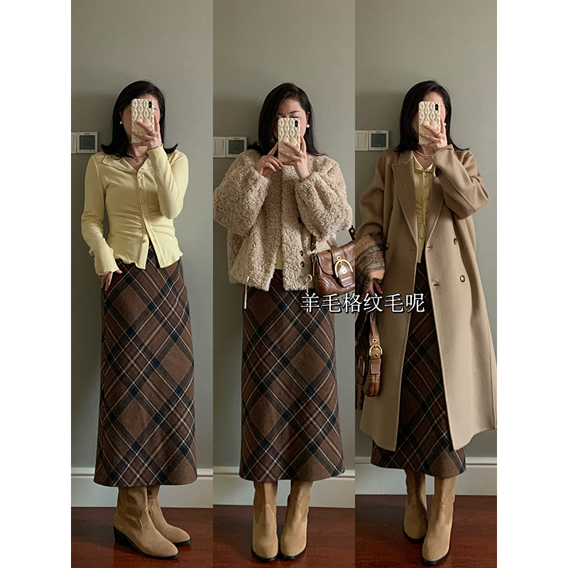 花总吖【冬日布拉格2.0】秋冬新款毛呢格纹长款半裙R425G16302
