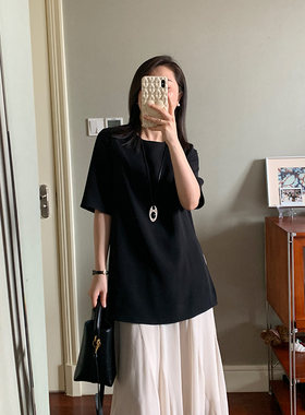 花总吖  春夏简约风醋酸宽松版短袖正肩中长百搭T恤简约宽松短袖