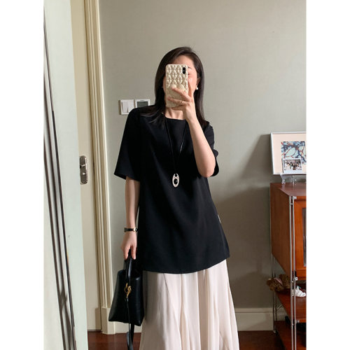 花总吖  春夏简约风醋酸宽松版短袖正肩中长百搭T恤简约宽松短袖