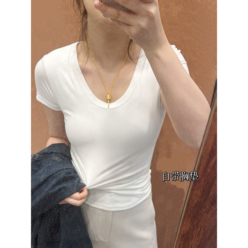 花总吖  春夏经典款式蚕丝莫代尔免BRA短袖T恤蛋领自带胸垫显瘦T