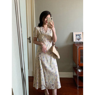 【现货款】花总吖 温柔风优雅气质亚麻棉连衣裙不规则鸢尾花长裙