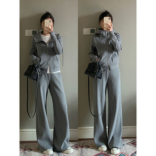 双面绒套装 lu感格雷色系连帽双开拉链运动套装 秋冬新款 花总吖