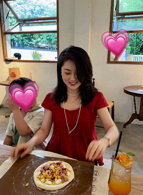 花总吖  2026年法式亚麻小飞袖小众红色拼接雪纺衫上衣百搭T恤女