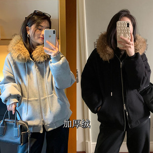 花总吖 秋冬新款韩版重工加厚绒连帽毛领卫衣外套百搭双拉链开衫