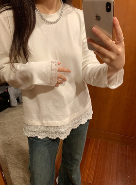 花总吖 初秋新款时尚蕾丝花边拼接宽松打底经典白T拼接蕾丝打底