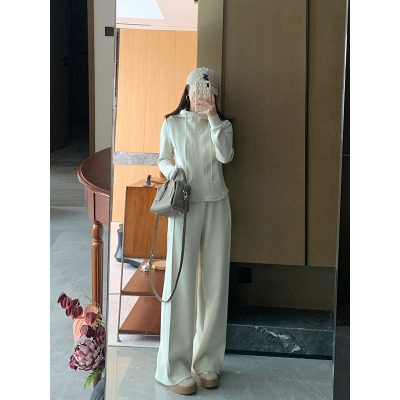 花总吖   春款韩系米灰白连帽卫衣+宽松直筒休闲裤lu感运动套装