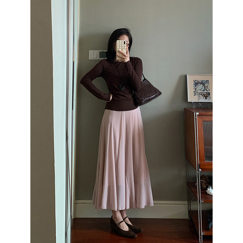 【现货款】花总吖 初秋新款超温柔灰粉气质拼片伞摆半身裙A字半裙