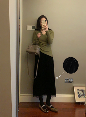 【现货款】花总吖  秋冬新款黑色精致蕾丝下摆直筒丝绒半身裙百搭