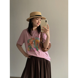 花总吖  夏款韩系油画感印花粉色正肩宽松阔版短袖百搭显瘦T恤