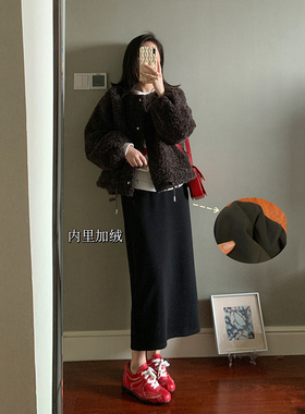 花总吖  秋冬新款黑色显瘦冬裙直筒弹力加绒半身裙百搭加厚长裙女