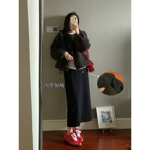 花总吖  秋冬新款黑色显瘦冬裙直筒弹力加绒半身裙百搭加厚长裙女